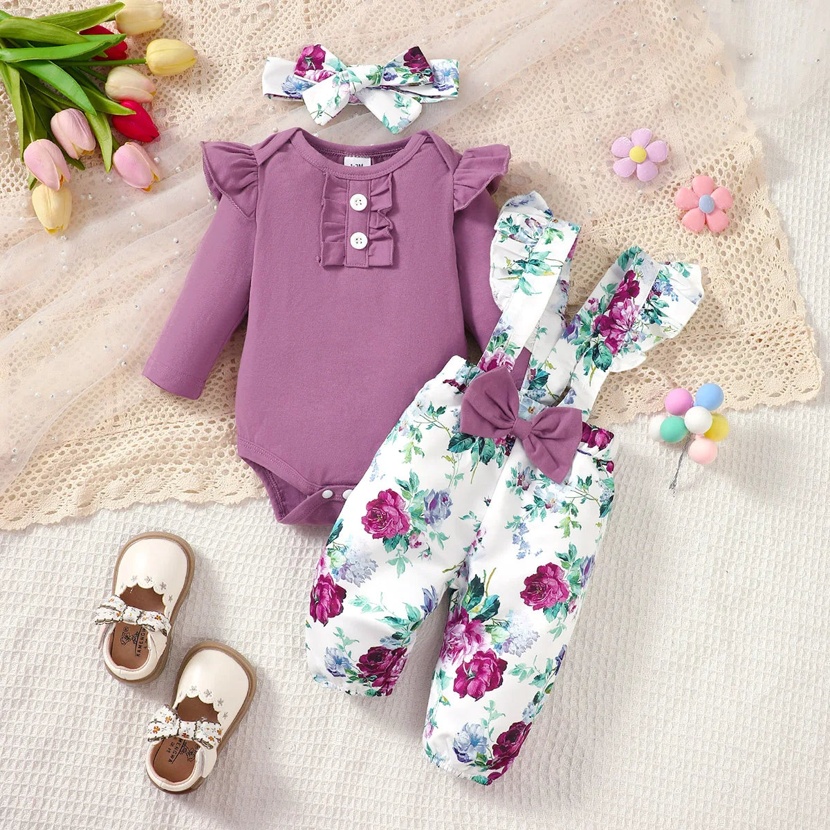 Ensemble bébé fille body manches évasées et pantalon fleuri