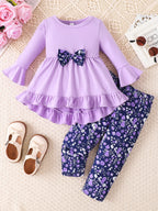Ensemble bébé fleuri manches évasées violet clair