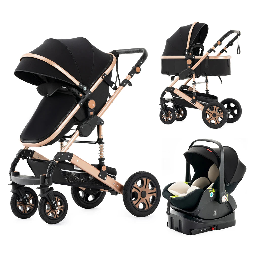 Poussette bébé pliable avec nacelle et siège auto
