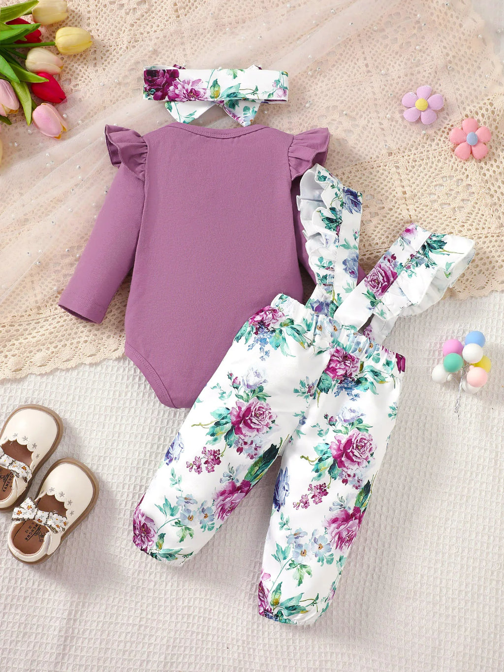 Ensemble bébé fille body manches évasées et pantalon fleuri